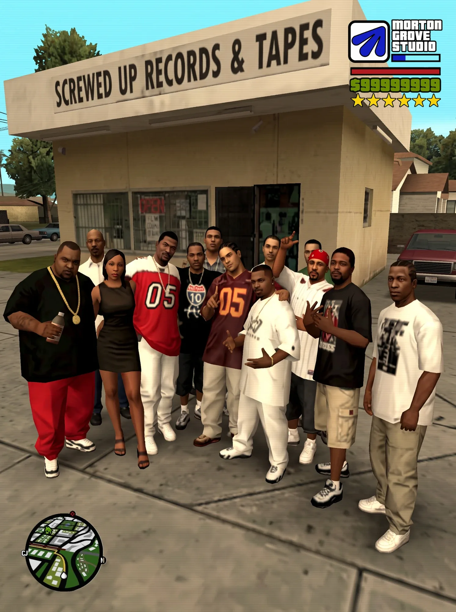 GTA-style scene render — group of characters posed outside a record shop