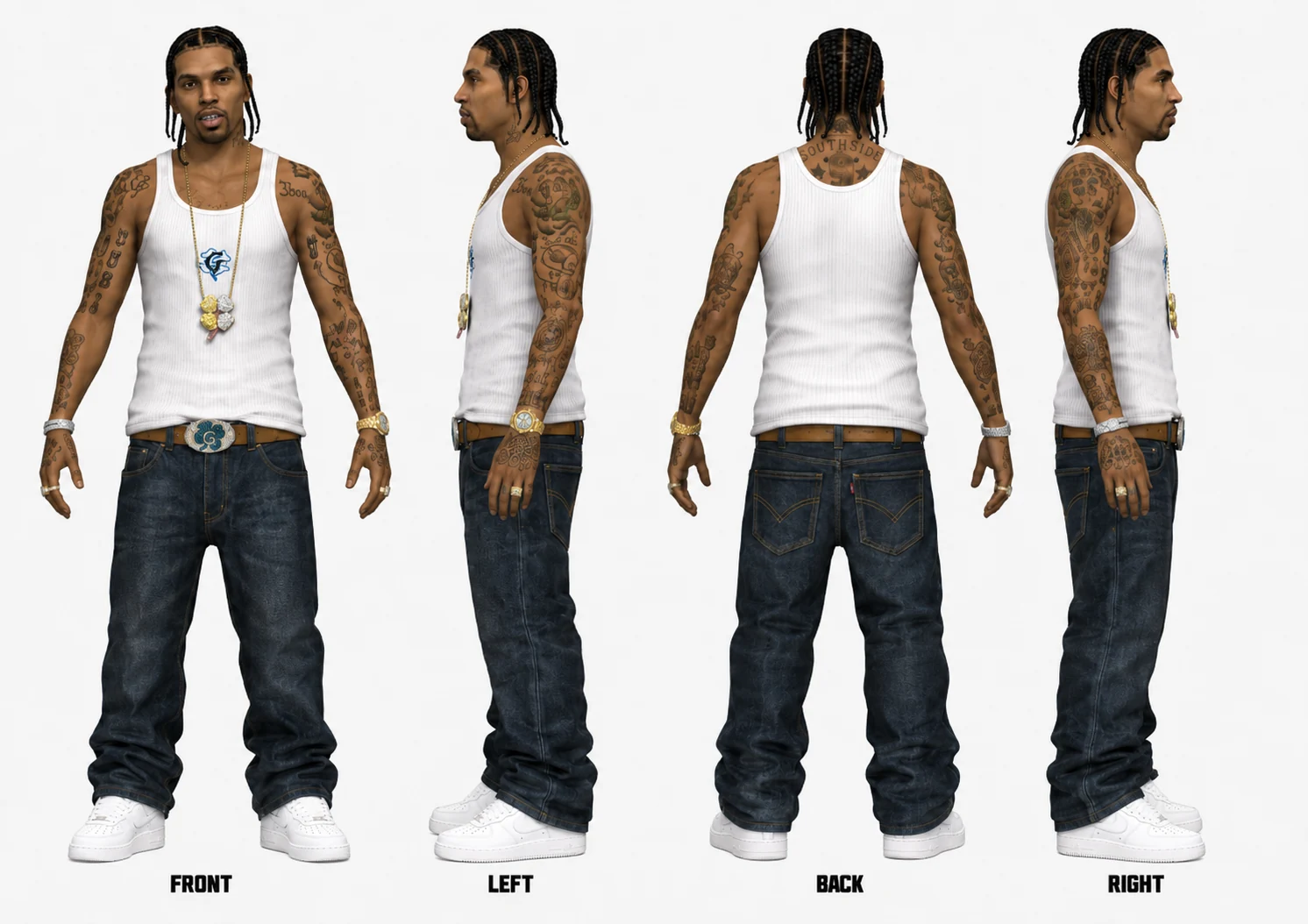 Custom GTA-style character — full turnaround: front, left, back, and right views