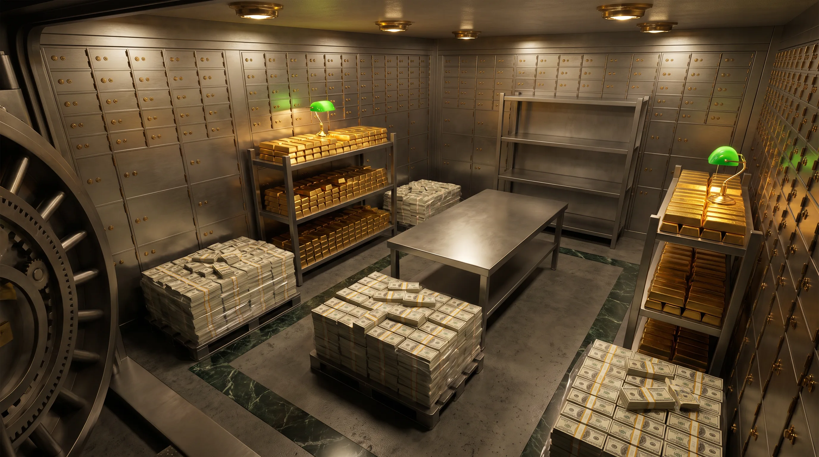 Inside the Jugg Academy vault — walls of deposit boxes, shelves of gold bars, pallets of banded cash